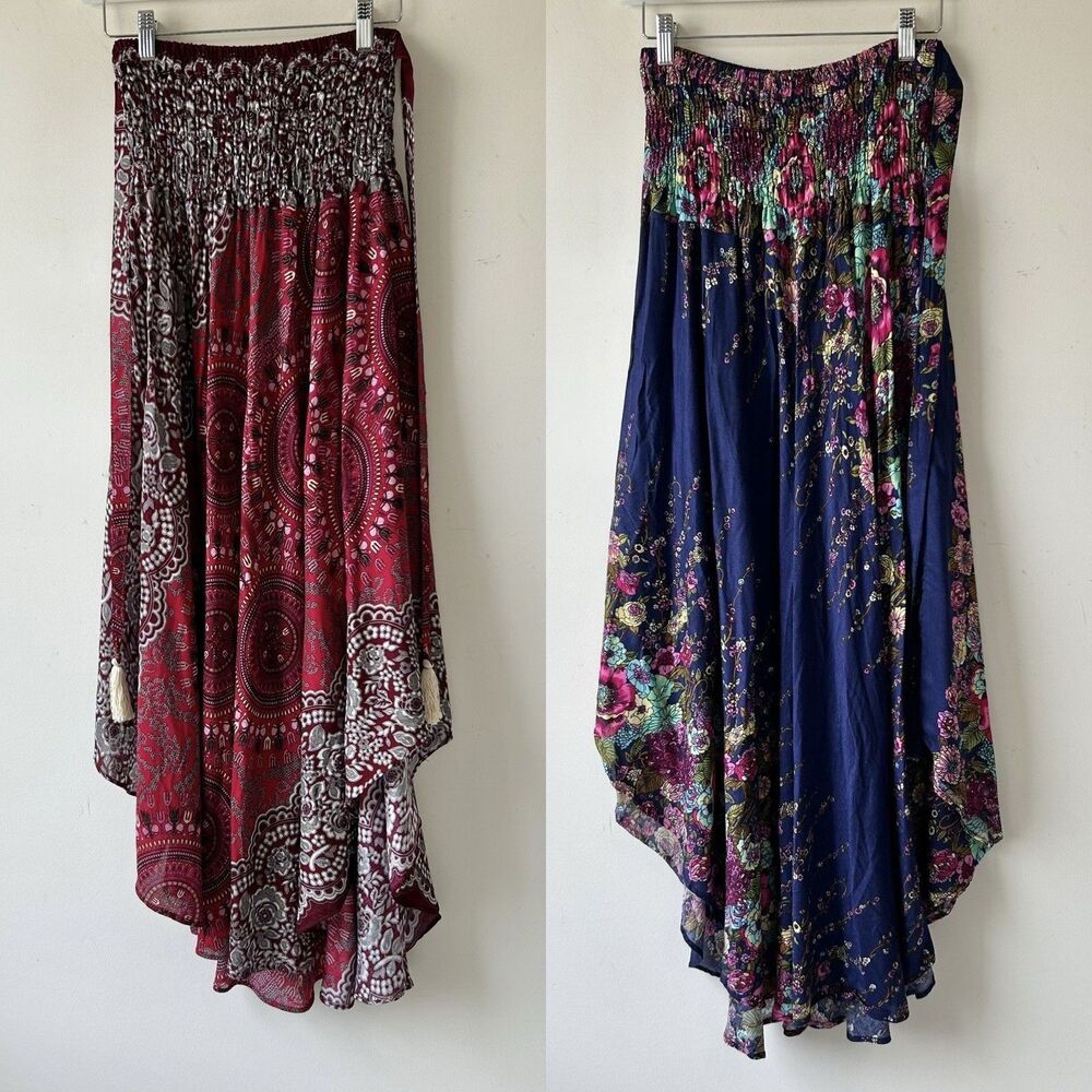 Lanna Clothes Design Boho Maxi Skirt L/XL Smocked Elastic Multicolored Set of 2
